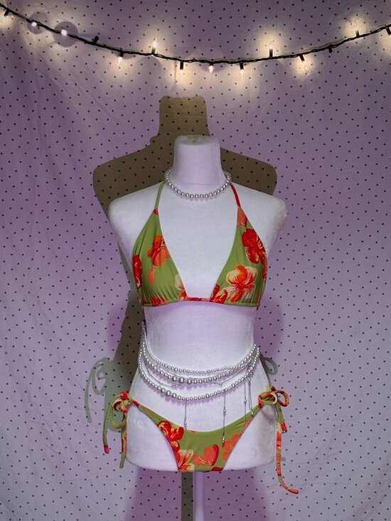 Other - Green Floral Bikini Set Size Small Triangle Top Y2K